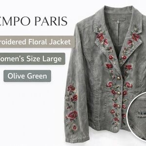 Tempo Paris Embroidered Floral Jacket Women’s Large Olive Green